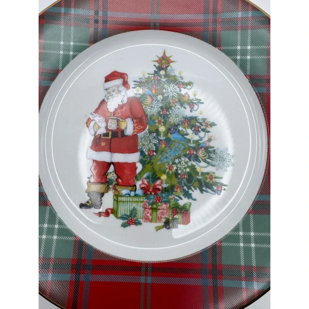 Williams Sonoma Salad Plate Set 4 Santa Tartan Plaid Christmas 8